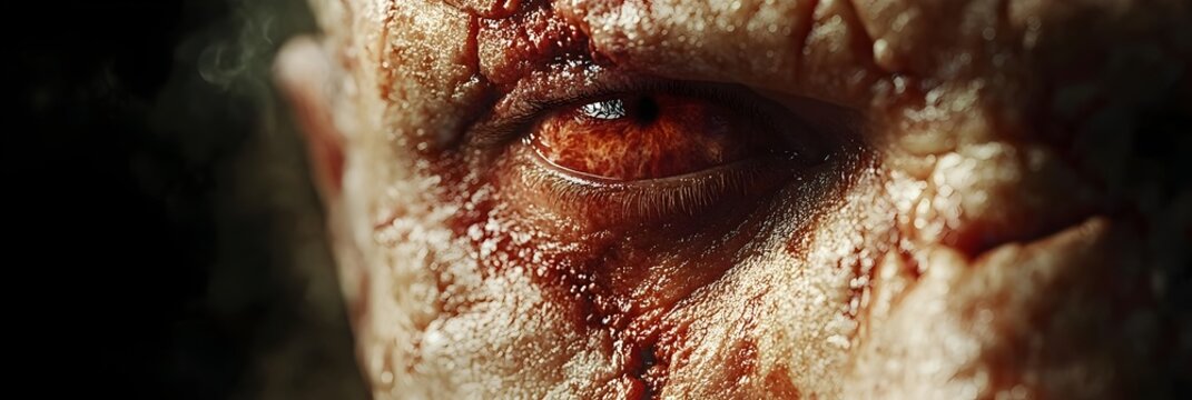 Intense close-up of a gory,bloodied,and mutilated skin surface,conveying a sense of horror,trauma,and visceral emotion. The image presents a raw,graphic,and disturbing depiction of injury,pain.
