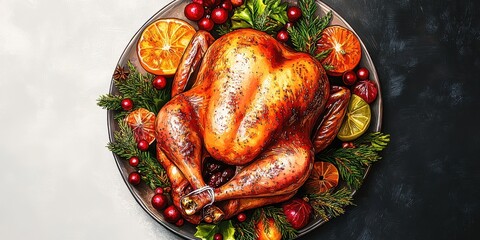 Decorative roasted turkey garnished with colorful fruits and herbs on a festive platter.