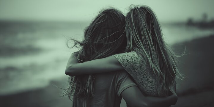 Two friends with wavy hair are embracing each other warmly, standing on a windswept beach, symbolizing friendship.