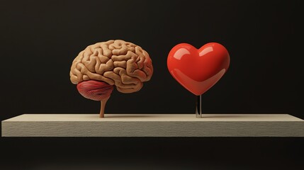 A human brain and a red heart are positioned side-by-side on a wooden plank against a black background.