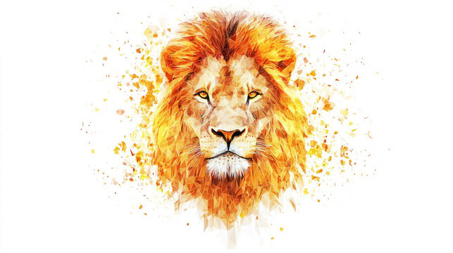Low poly lion portrait with neon geometric patterns glowing in gold and orange hues on white background