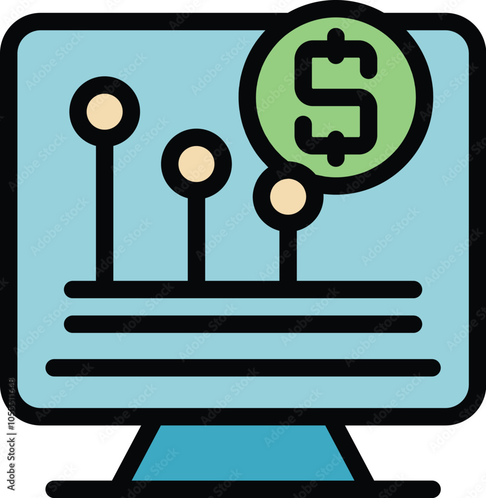 Poster computer screen displaying a stylized line graph with a large dollar sign, representing financial tr
