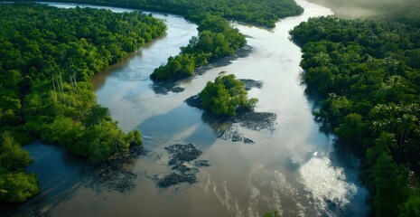 Stunning aerial view of a winding river flowing through a vast lush tropical mangrove forest landscape  The tranquil mirrored waters reflect the dense pristine foliage of the untouched wilderness