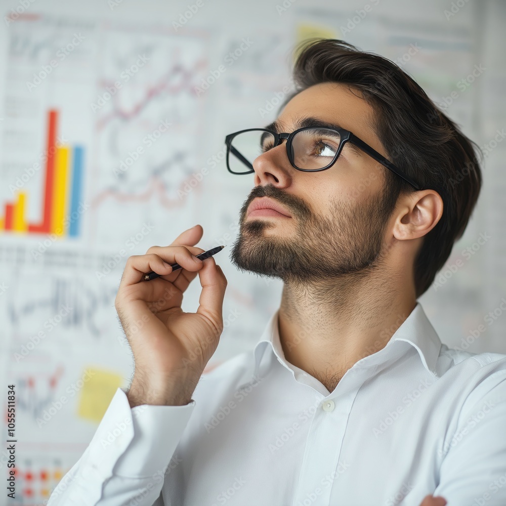 Poster thoughtful business professional in a suit and glasses sits at a desk analyzing data on a computer s