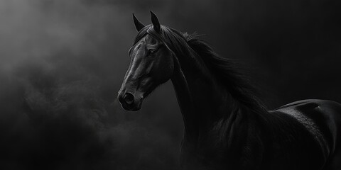 Obraz premium A sleek black horse stands out against a dark background.