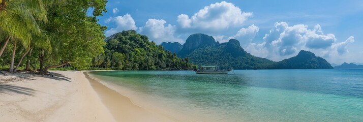 A picturesque tropical beach showcases clear waters, lush greenery, and distant mountains under a blue sky.