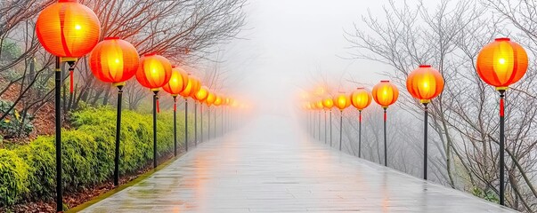 Naklejka premium Path lined with lanterns, disappearing into mist, metaphor for new year journey, hopeful lighting, dreamy atmosphere