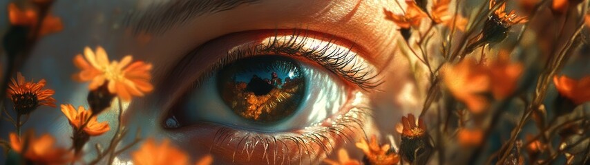 A close-up of a human eye reflecting nature, surrounded by vibrant orange flowers, symbolizing beauty and serenity.