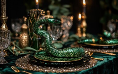 Obraz premium Mystic Snake New Year Party: Enigmatic New Year celebration decor, with green velvet and snake-patterned accents, golden candleholders, crystal glasses