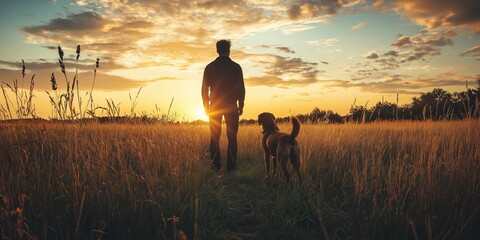 Silhouette of a man and his dog walking into the sunset across an open field.