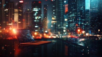 Fototapeta premium Laptop with code on screen in futuristic office at night