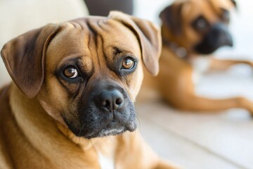 Fototapeta premium Two dogs with expressive eyes gaze at the camera, capturing attention with their adorable, curious appearance.