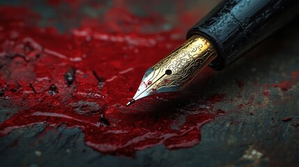 A close-up shot of a vintage fountain pen resting in vivid red ink, capturing the elegance and artistry of writing.