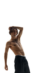Obraz premium Strong stance. Portrait of young man posing with raised arm shows grace end elegance against white studio background. Concept of natural beauty, male health, fashion, skin care. Ad