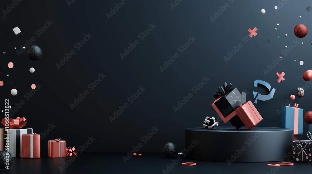 Poster charming modern display of colorful gift boxes and decorative elements on a dark background for a fe