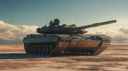 A tank driving across a desert at sunset.