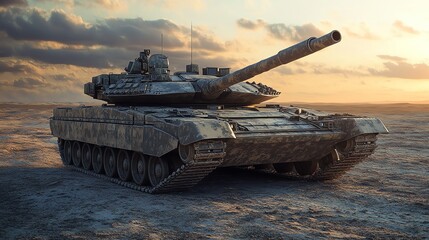 A military tank driving across a desert at sunset.