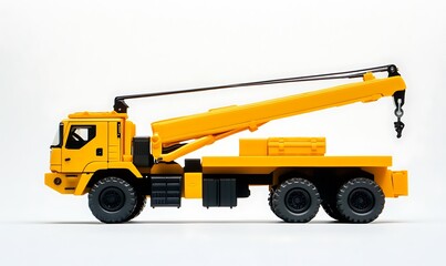 A yellow toy crane truck with an extended arm, designed for construction play.