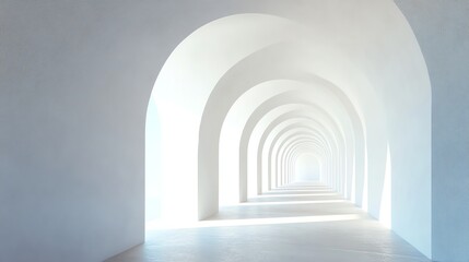 Fototapeta premium A long hallway with white arches leading to a view of the ocean.