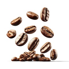 Obraz premium A few Coffee Beans Flying on a White Background with 3D Effect. 