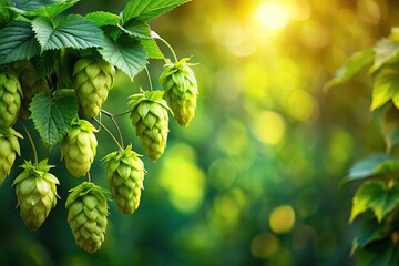 Detailing a single beer hop bine in a lush green environment, wildflowers, plants, plant life