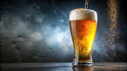 Detail shot of a cold beer being poured into a frosted glass with condensation forming on the outside, glasses, drink, frosted, chilled