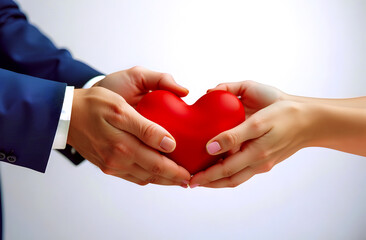 Fototapeta premium The hands of two people, a man and a woman, hold a heart as a symbol of love and trust. The concept of donation and Valentine's Day.