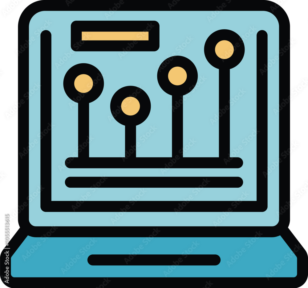 Poster laptop is displaying a business graph with four increasing bars, representing positive growth and da
