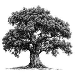 Stipple scientific botanical illustrations of mature tree. Isolated PNG transparent