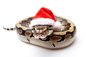 Fototapeta premium Striped royal python snake wearing a festive santa claus hat isolated on white background