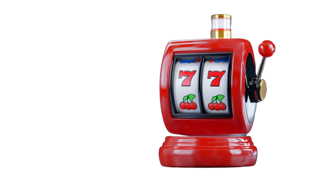 Red slot machine with triple seven symbols on a transparent background