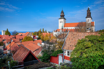Rooftops and ruins of a medieval church and old houses, Visby, Sweden