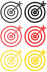 Target Bullseye with arrow line art icon for apps and websites. Target Acquisition Solid Icon. Vector icon goal in black, gold and red color. Arrows that successfully hit a target. 