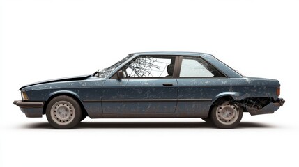 Naklejka premium Crashed Car 3D Rendering with Shattered Window on White Background