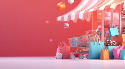 A colorful shopping scene with a cart and vibrant bags set against a cheerful background, perfect for festive promotions