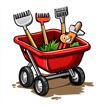 red wagon with gardening tools clip art preview