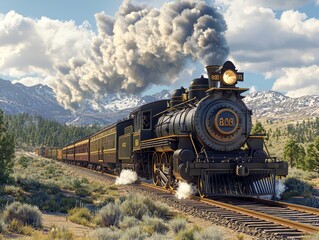 Obraz premium Steam locomotive speeding across the Transcontinental Railroad, vibrant colors of the landscape in motion, billowing smoke trailing behind
