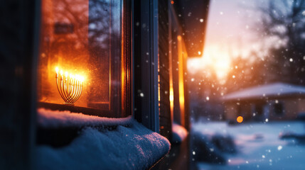 A menorah glowing in the window of a warm home on a snowy night, as the family inside celebrates the Festival of Lights.
