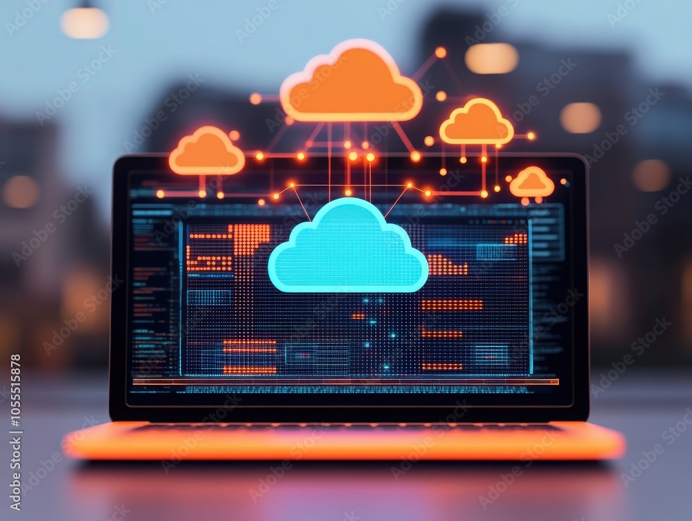 Poster a laptop displaying cloud computing graphics, showcasing data transfer and connectivity in a modern 