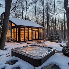 Relaxing hot tub on a snowy winter evening.