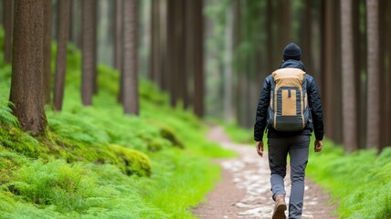 A lone hiker explores a serene forest path, surrounded by lush greenery and towering trees, perfect for adventure and nature lovers.