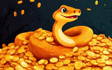 Fototapeta premium 2025 cartoon snake is sitting on a pile of gold coins. The snake is smiling and he is happy. Concept of wealth and abundance 