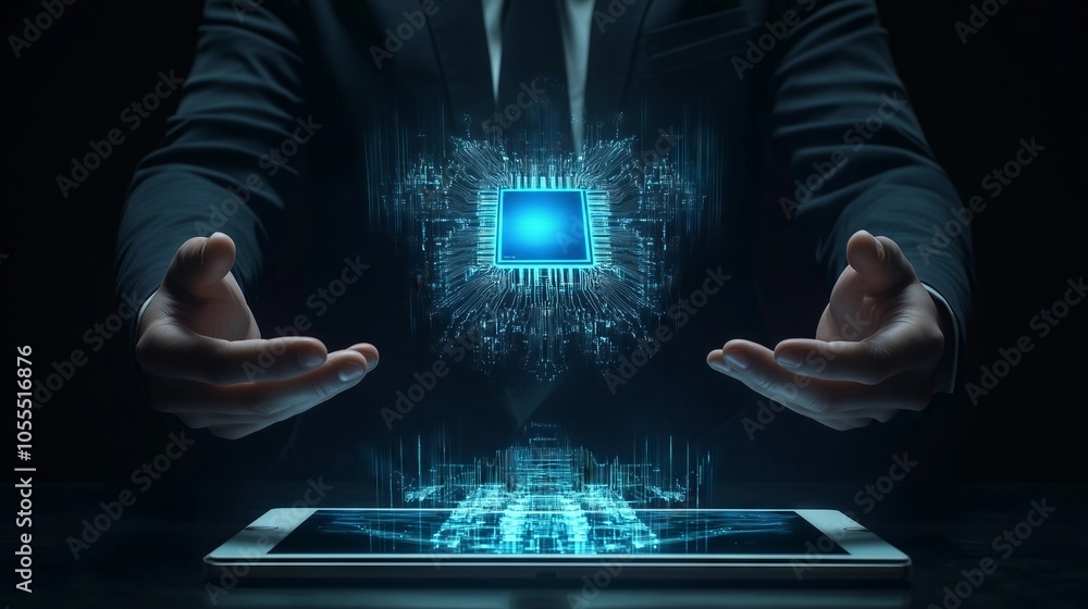 Aufkleber businessman using tablet is projecting holographic image of a cpu