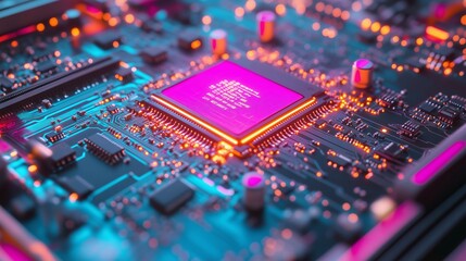 Cpu processing data on futuristic motherboard with orange and teal lights