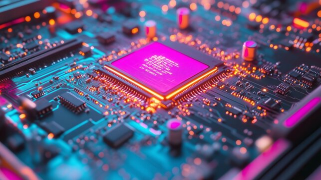 Cpu processing data on futuristic motherboard with orange and teal lights