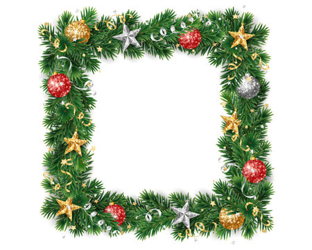 Christmas square wreath with red and gold glitter ornaments. Christmas tree decoration. Holiday fir tree garland. Festive winter season frame, spruce branches. Transparent background in vector file.