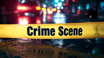 A yellow crime scene tape with the words "Crime Scene" on it, in front of blurred car lights at night.