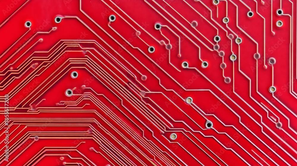 Poster red printed circuit board showing electronic components and pathways