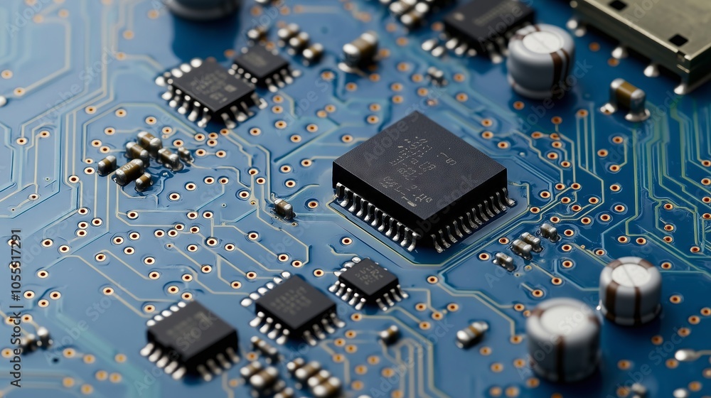 Poster electronic circuit board showing microchips and components