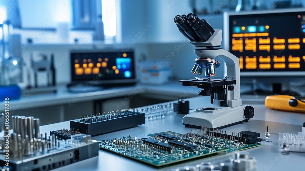 Poster microscope analyzing electronic circuit boards in laboratory setting